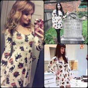 Sourpuss Black Cats Skater Dress Cream Sz S